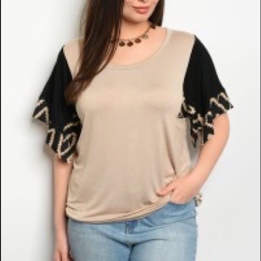 Taupe Blouse with tribal print sleeve
